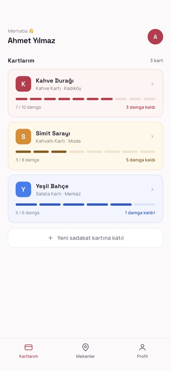Customer app: wallet with three loyalty cards and stamp progress