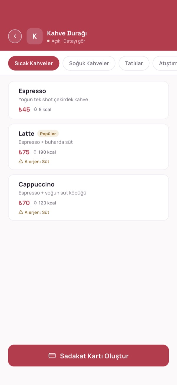 Customer app: a café's QR menu with prices, calories and allergens