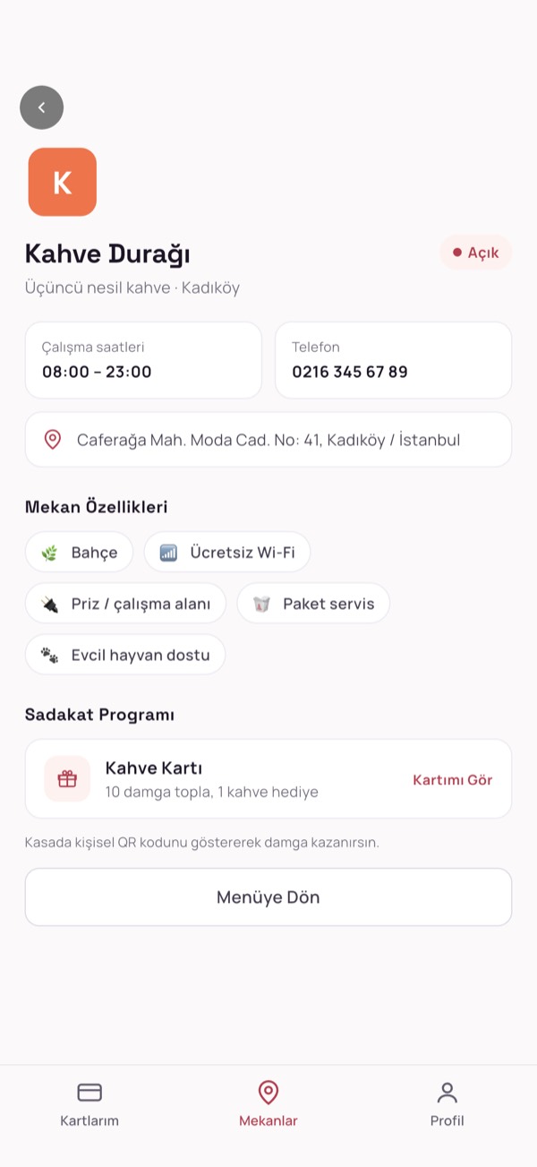 Customer app: a business profile with hours, address, amenities and its loyalty program