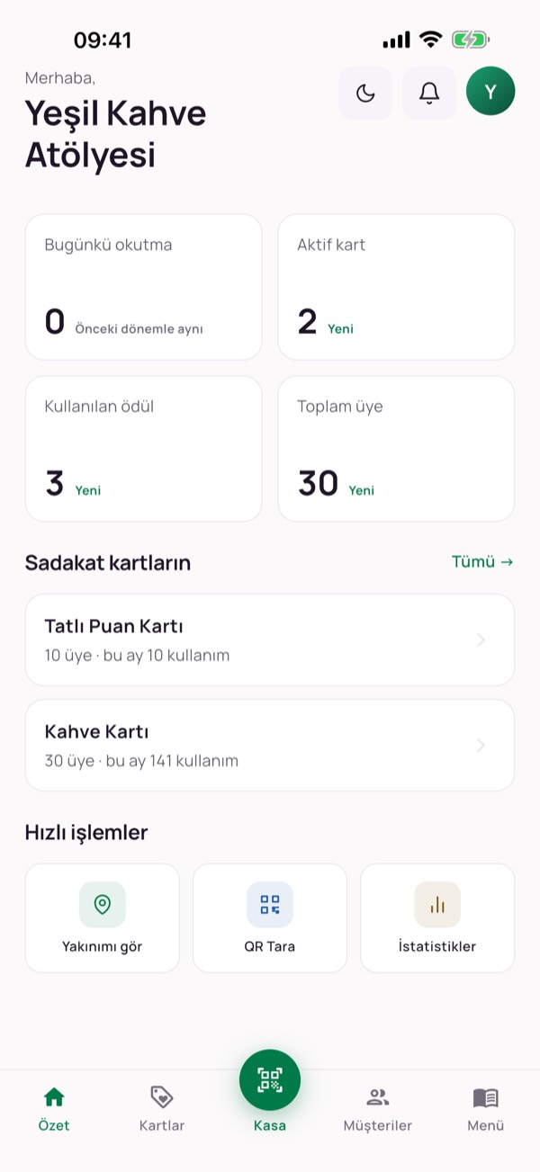 Business app dashboard with today's scans, active cards, rewards used and a scan button