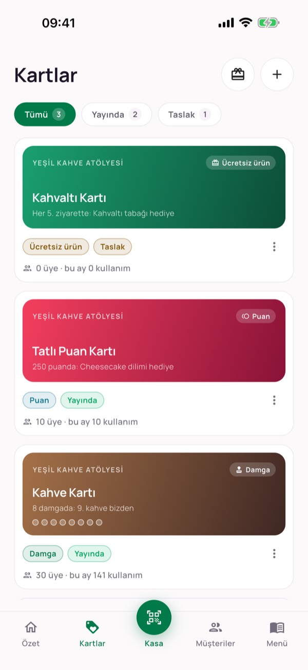 Business app: list of loyalty cards with a free-item card, a points card and a stamp card